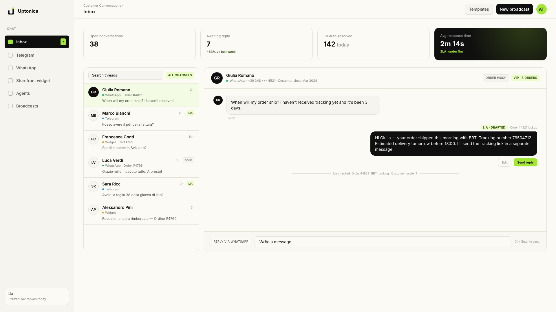 Dashboard Chat — inbox unificata su Telegram, WhatsApp e widget storefront, con Lia che bozza le risposte di routine