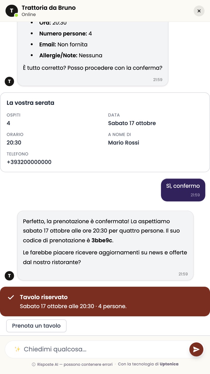 Riepilogo della prenotazione e conferma Tavolo riservato nella chat della Trattoria da Bruno