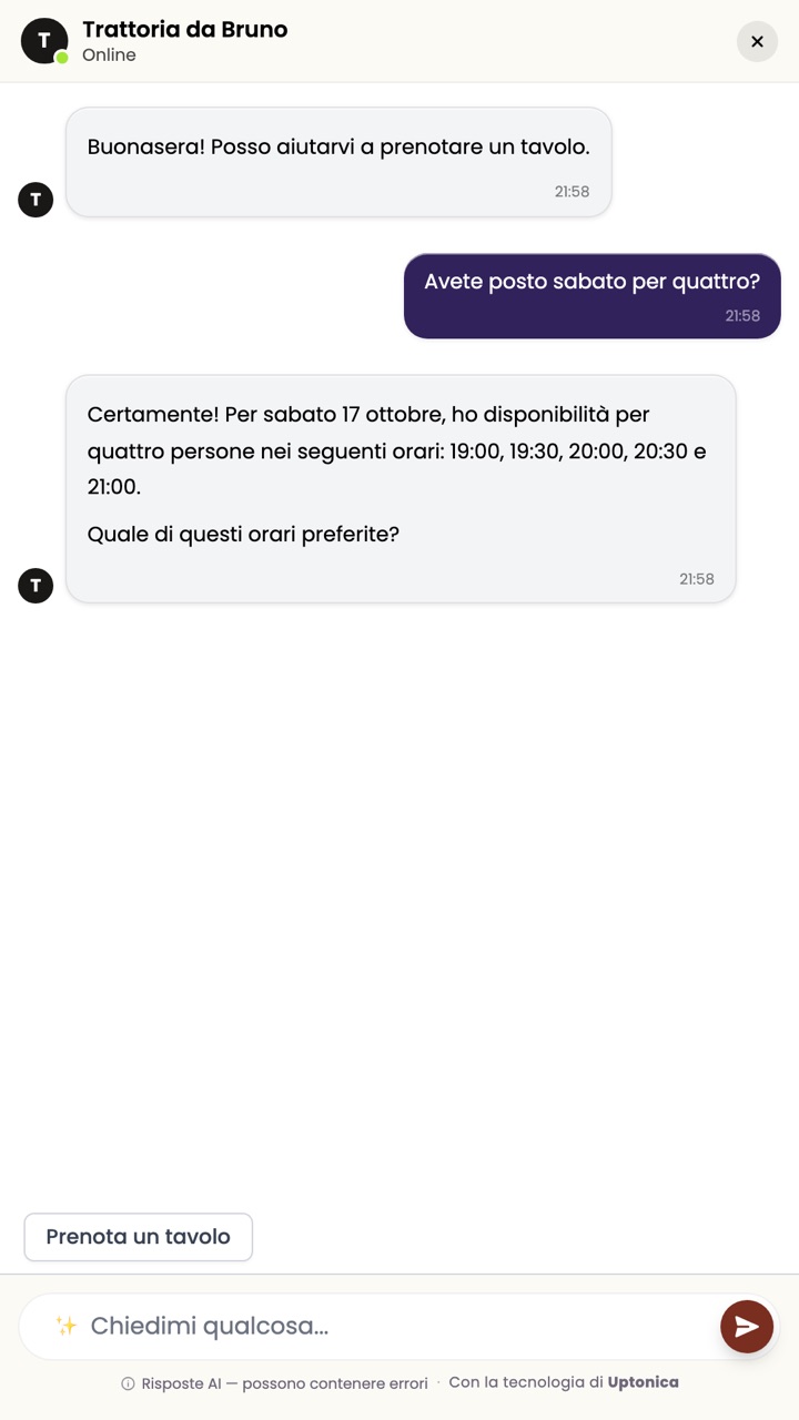 La chat della Trattoria da Bruno propone gli orari liberi di sabato per quattro persone